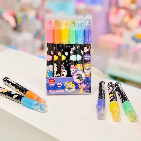 Fancy Cap Multicolour Highlighters Pen with Stamp (6 pcs)